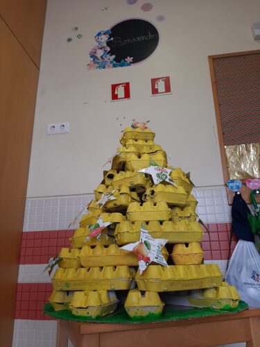 "Árvore de natal Amarela"<br/>A árvore foi construída com embalagens de ovos e posteriormente foram pintadas de amarelo e os símbolos da Compal foram recortados e colados pelos alunos.