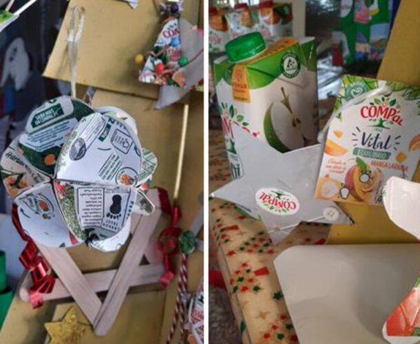 Foto com os símbolos da FSC e Tetrapak nos enfeites natalícios construídos, pelos alunos.