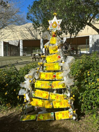 Árvore de Natal no espaço exterior da escola junto ao portão de entrada para ser visualizada e admirada por toda a comunidade educativa.