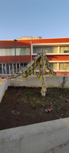 A árvore de Natal Amarela no recreio da escola