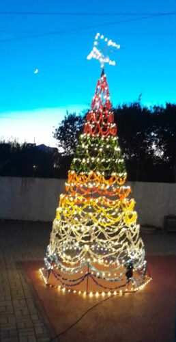 A árvore de Natal está no pátio da escola, exposta para toda a comunidade.
