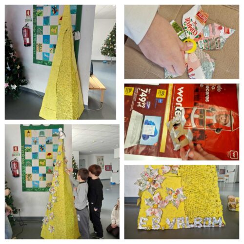 Com as embalagens da Tetra Pak/Compal, os alunos elaboraram as flores da época natalícia, a "estrela de natal" como enfeite para a árvore. Reaproveitaram o material que sobrou, a parte prateada, para preencherem as letras de cartão de identificação da esc