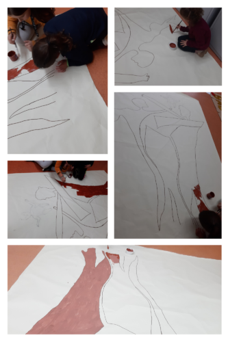 Continuação dos trabalhos - pintura da árvore de natal - alunos do 1º ciclo