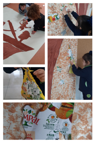 Montagem da árvore no espaço da escola - alunos 1º ciclo e crianças pré-escolar