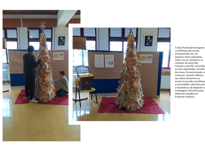 Processo de construção da árvore de natal concluído e exposição no espaço da escola.