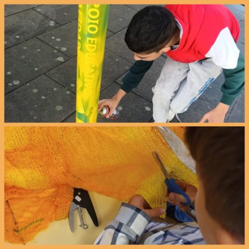 Pintura do tubo de cartão de cor amarela / corte de sacos de rede plástica