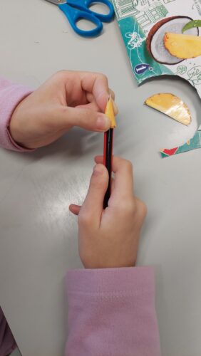 Enrolamento do recorte da imagem do ananás na ponta do lápis para servir de molde.