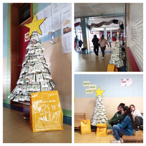 Natal Amarelo<br/>O produto final do trabalho realizado, "Árvore Amarela" foi colocado no átrio do pavilhão principal, junto, ao painel Eco-Escolas.