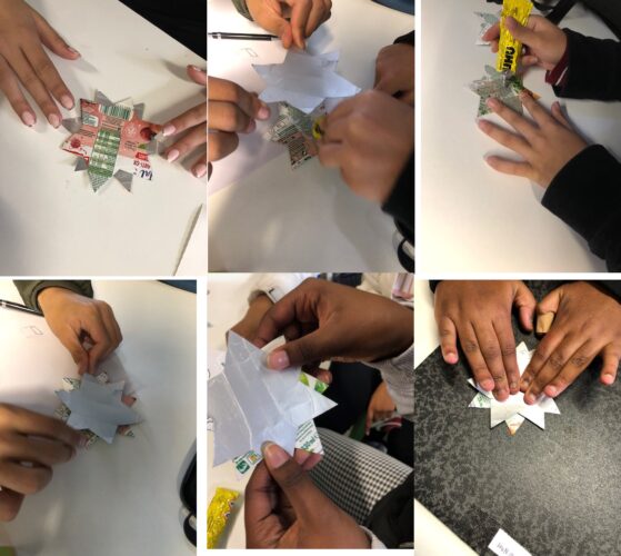Momentos do processo de construção/montagem dos adornos da Árvore de Natal.