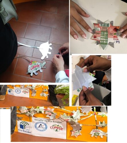 Momentos de criação de materiais de ornamentação da árvore, usando embalagens Compal. Pormenores onde é possível ver os símbolos da Tetra Pak e Compal durante a montagem (alunos do 8.º ano).