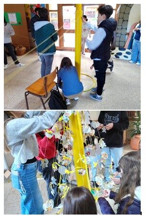 "Montar&Decorar"<br/>A montagem foi uma ação conjunta de alunos de 9º ano. Os cilindros foram estabilizados ligando-se aos arcos com restos de lã amarela e fio do norte (mais resistente). Alunos dos 7º, 8º e 9º tiveram a seu cargo a decoração.