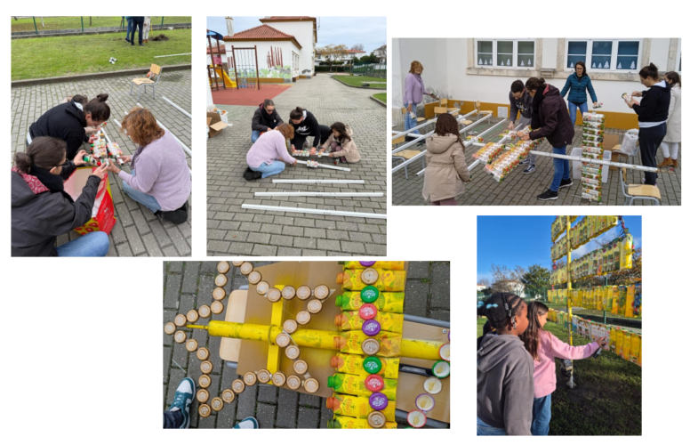 A estrela para o topo foi feita com tampas. Por último, os alunos pintaram com spray amarelo os pacotes e colocou-se as luzes e as fitas para enfeitar a árvore (feitas de tampas da compal).