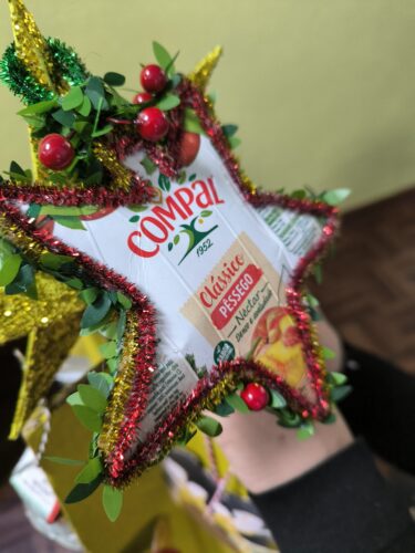 Enfeites feitos na maioria em embalagens da Compal, utilizando colas, limpa cachimbos e reaproveitamento de outros materiais;