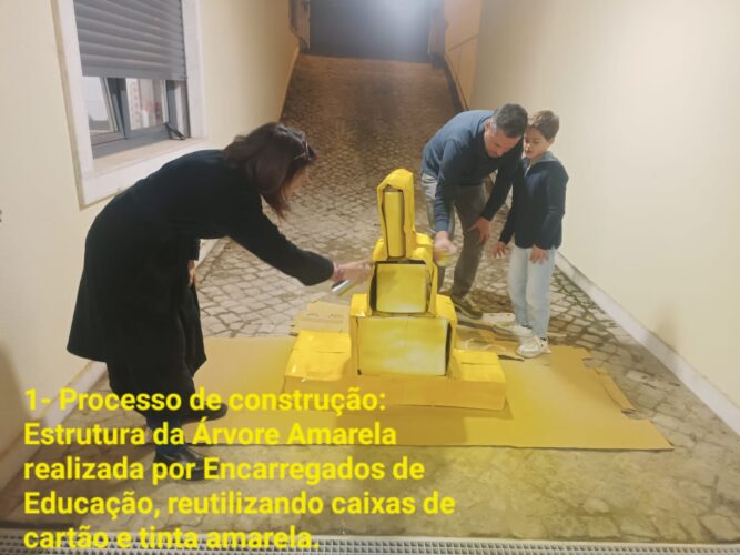 Estrutura da Árvore Amarela realizada por encarregados de educação, reutilizando caixas de cartão, cola e tinta amarela.