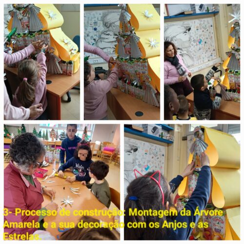 Montagem da Árvore Amarela e a sua decoração, utilizando embalagens da Compal para o corpo. Os Anjos e as Estrelas confecionados com as embalagens foram colocados pelos alunos, decorando a nossa Árvore. Nesta fase a assistente operacional também colaborou