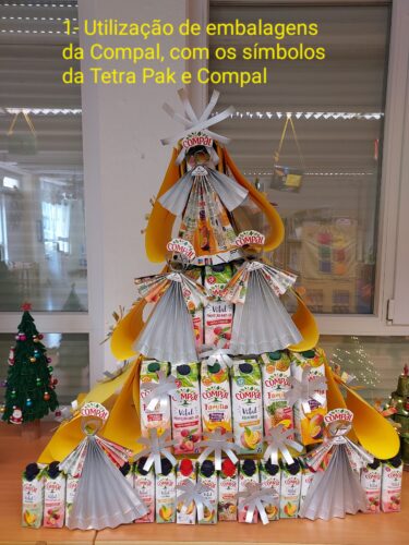 Árvore Amarela : O corpo da Árvore é constituído por embalagens da Compal, os símbolos da Tetra Pak foi colocado na gola dos Anjos e o da Compal na cabeça, servindo de coroa.