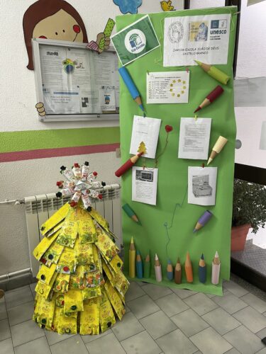 Árvore de Natal na entrada da Escola juntamente com o painel elaborado pelos alunos alusivo ao projeto Eco- Escolas.