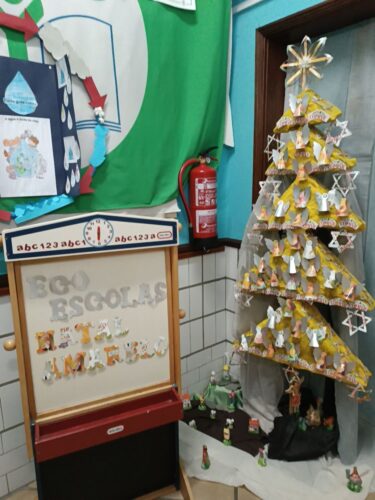 Árvore exposta na entrada do Jardim de infância e junto ao espaço direcionado ao Eco Escolas e com a indicação da mesma num pequeno expositor também feito com letras recortadas em embalagens Compal.