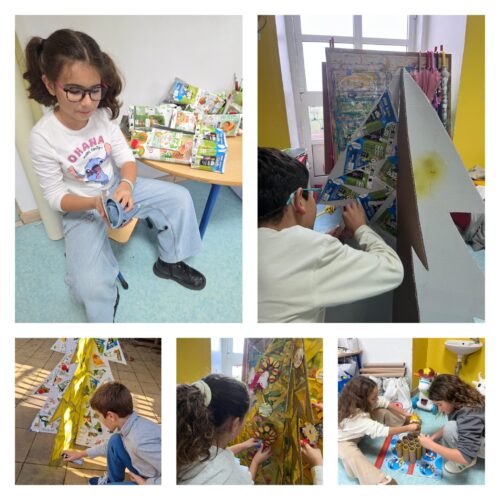 Construção da Árvore de Natal:<br/>-Preparação das embalagens (limpeza, secagem e recorte)<br/>-Recorte da base da árvore de Natal;<br/>-Colagem das embalagens na base da árvore;<br/>-Pintura com spray amarelo;<br/>-Colagem dos adereços;<br/>-Pintura e colagem do pé.