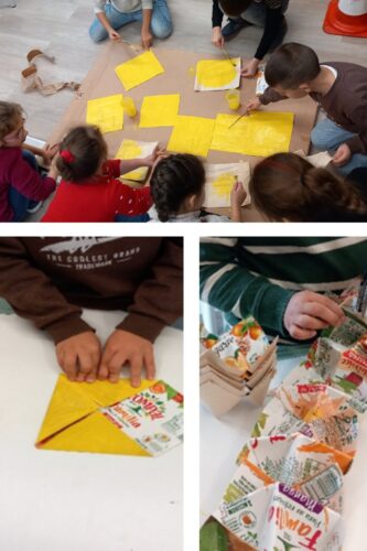 Pintura das folhas/quadrados com tinta acrílica amarela, dobragem em origami e união dos mesmos em fio, para colagem na árvore.