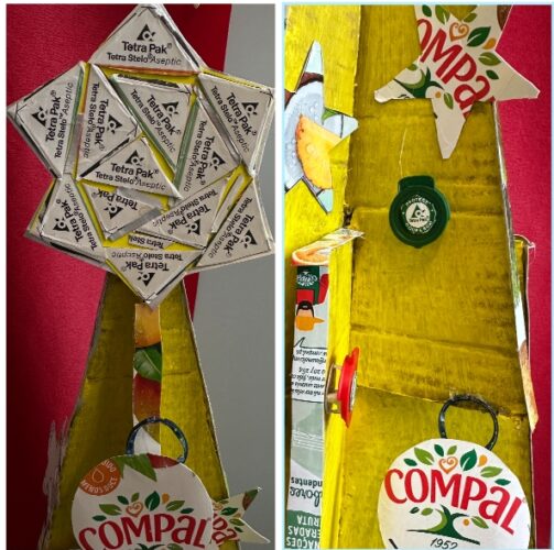 Ornamentos: estrela da árvore - construção utilizando apenas símbolo tetrapack das embalagens compal e restantes ornamentos com destaque para a compal.