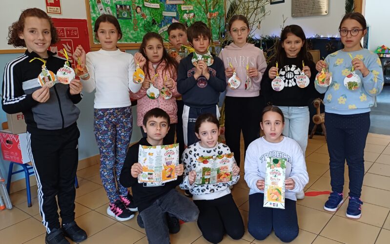 Pormenor das embalagens Tetra Pak da marca Compal utilizadas na construção, com os símbolos bem visíveis.