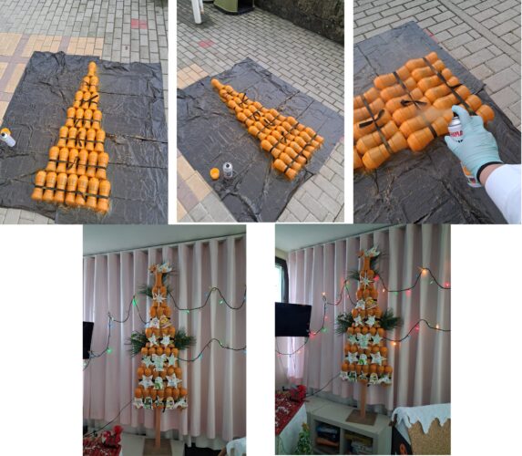 Árvore Natal Amarelo2025-Pintar de amarelo,colar e amarrar com restos de cordão embalagens vazias de Lenor.Lavar,recortar e colar as embalagens de Compal na árvore.Usar um suporte de madeira inutilizado de sinais de trânsito.Enfeitar com ramos de pinheiro