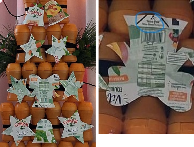 Árvore de Natal Amarelo 2025 - Símbolos Compal e Tetra Pak visíveis