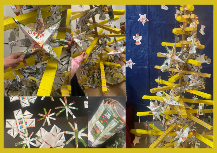 Estrelas e outros enfeites com recurso a embalagens da Compal, com os símbolos da Tetra Pak e Compal