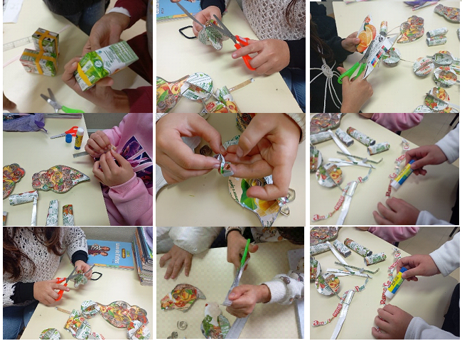 As embalagens depois de abertas, higienizadas e recortadas, foram transformadas em diferentes formas (corações de Viana, bolas de Natal, presentes, entre outras).