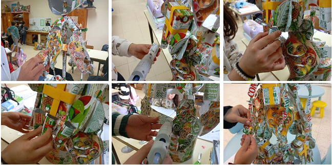Montagem dos diferentes adereços elaborados com as embalagens Compal.