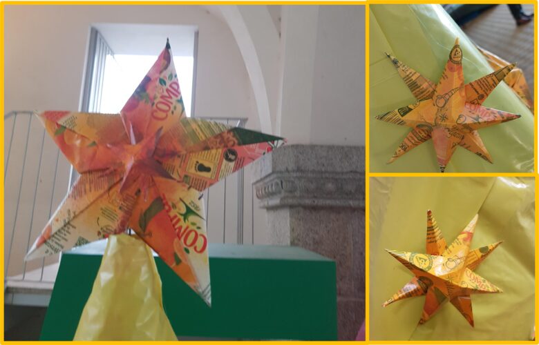 Pormenores das estrelas com símbolos da Compal e da Tetrapack.