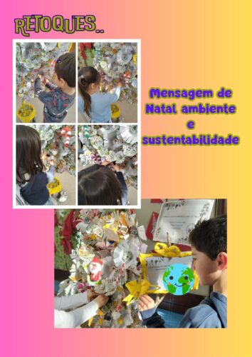 Últimos retoques na árvore de Natal, com a participação de todos, celebrando criatividade e consciência ambiental. Alguns alunos seguram decorações, outros ajudam a fixar as flores na estrutura, enquanto outros ainda discutem e ajustam detalhes.