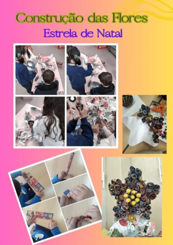 Construção das Flores com embalagens Tetra PaK e da Estrela de Natal. Foi realizado um atelier com grupos de alunos de diferentes idades para a construção das flores. Este momento reforçou a criatividade, a colaboração e a mensagem ambiental.