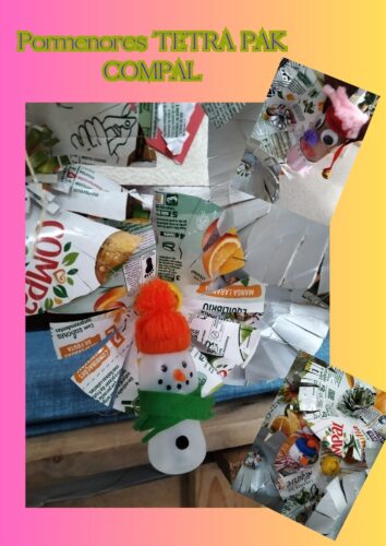 Pormenores TETRA PAK COMPAL. As flores que compõem a árvore de Natal foram elaboradas a partir das embalagens aproveitando cores e grafismos. Cada embalagem foi recortada, dobrada de forma a formar flores.