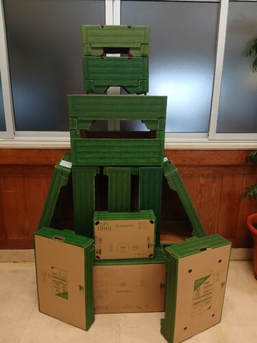 Árvore construída com caixas de cartão, recolhidas num Hipermercado local.