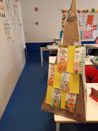 Procedeu-se à recolha de embalagens Tetra Pak da marca Compal, bem como de pedaços de cartolina amarela, que foram recortados em triângulos e colados na estrutura da pirâmide, promovendo a reutilização de materiais e a consciencialização ambiental.
