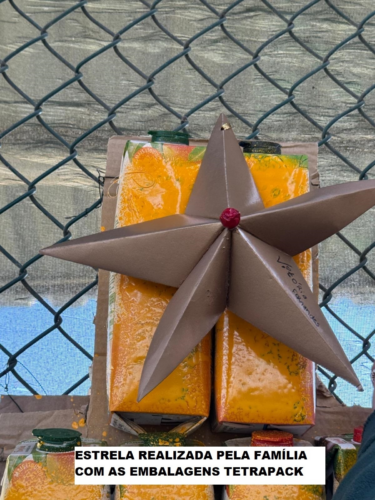 Estrela realizada pela família da sala dos 3/5 anos com embalagens tetrapak.