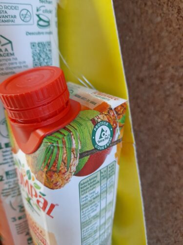 Na árvore é possível ver as embalagens "Compal" e no centro da estrela foi colado o símbolo Tetra Pak, retirado de uma embalagem.