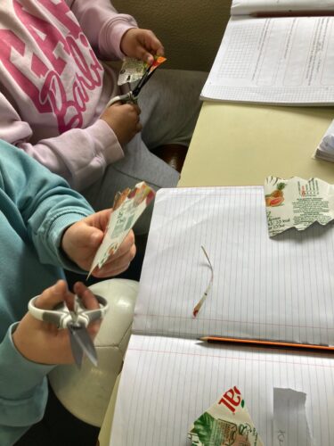 Os alunos trouxeram de casa pacotes de sumo Compal já lavados. Na escola, abrimos os pacotes e desenhámos em cada um 4 árvores pequenas.