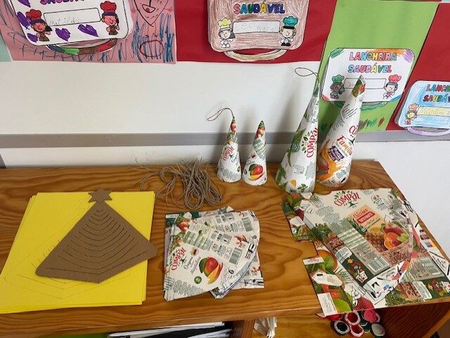 Preparação dos materiais a utilizar: cartão, embalagens, tampas, fios.