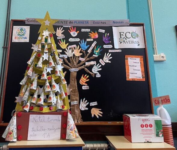 Árvore colocada num espaço comum da escola, junto ao painel da Eco Escolas.