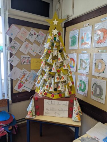 Árvore finalizada, com a colagem dos vários enfeites preparados, cones e estrelas feitos com as embalagens e as bolas com as respetivas tampas. Colagem da árvore na caixa que serviu de base e identificação da turma que participou na sua criação.