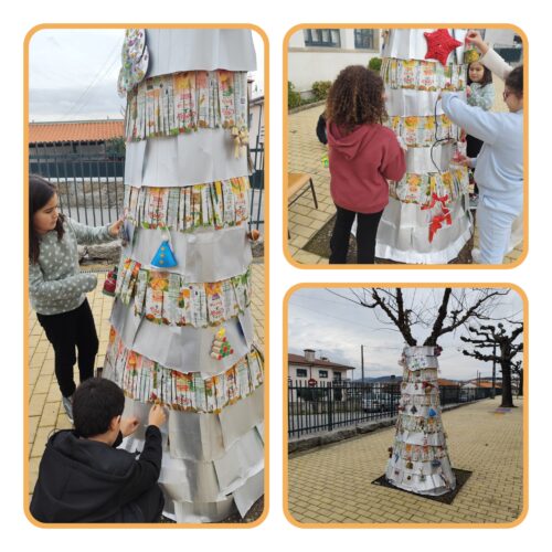 Árvore de Natal Sustentável, em fase de acabamento, no recinto escolar, lado frontal, visível para toda a comunidade.