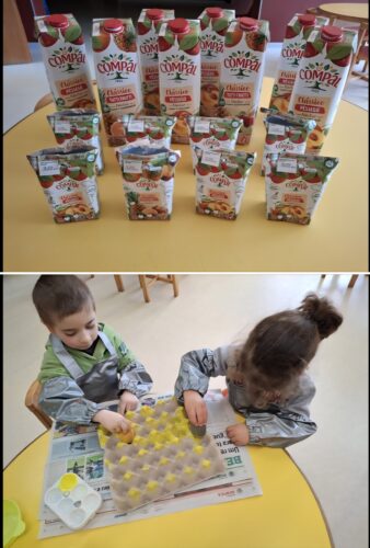 Processo de construção da Árvore de Natal - Embalagens utilizadas para a construção da Árvore de Natal e pintura das mesmas