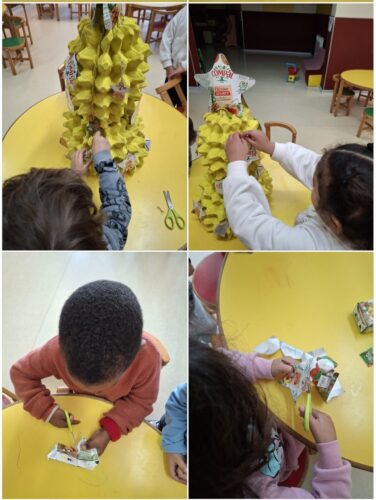 Processo de construção da Árvore de Natal - Recorte dos enfeites e colocação dos mesmos na Árvore de Natal