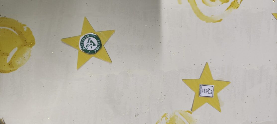 Símbolos Tetra Pak e FSC nas estrelas e nas bolas que serviram como elementos natalícios decorativos da árvore.