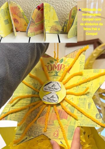 Com as embalagens Compal, foram elaboradas decorações para a árvore de Natal, sininhos e estrelas.