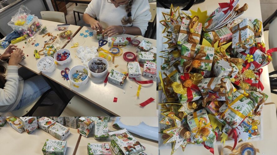 Os alunos a executarem os elementos decorativos da árvore: bolas, estrelas e presentes etc. aplicando diversas técnicas de expressão plástica, o que promoveu a criatividade, a autonomia e a aprendizagem prática.