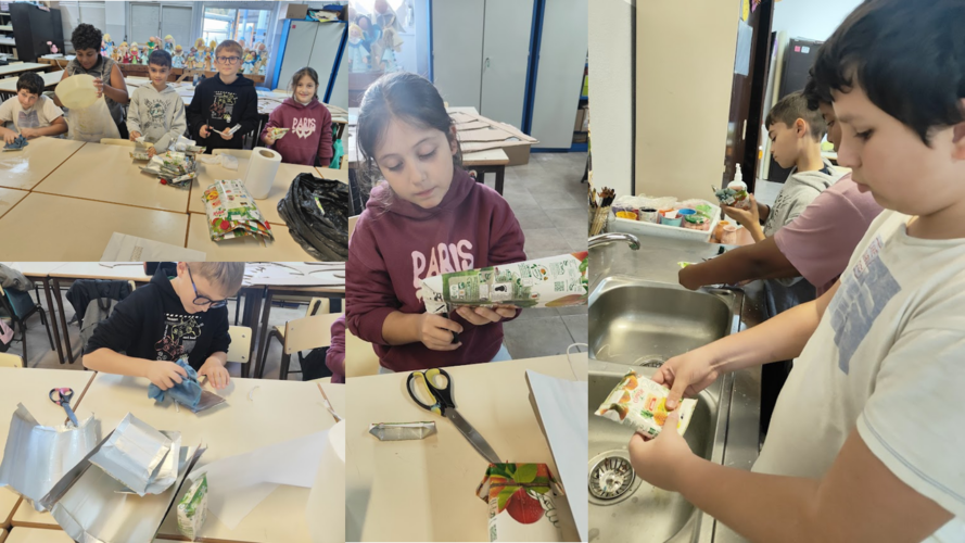 Os alunos foram responsáveis pela recolha e preparação das embalagens Compal, realizando todas as etapas do processo: lavaram, higienizaram, escorreram e cortaram as embalagens, garantindo a sua correta reutilização e promovendo boas práticas ambientais.